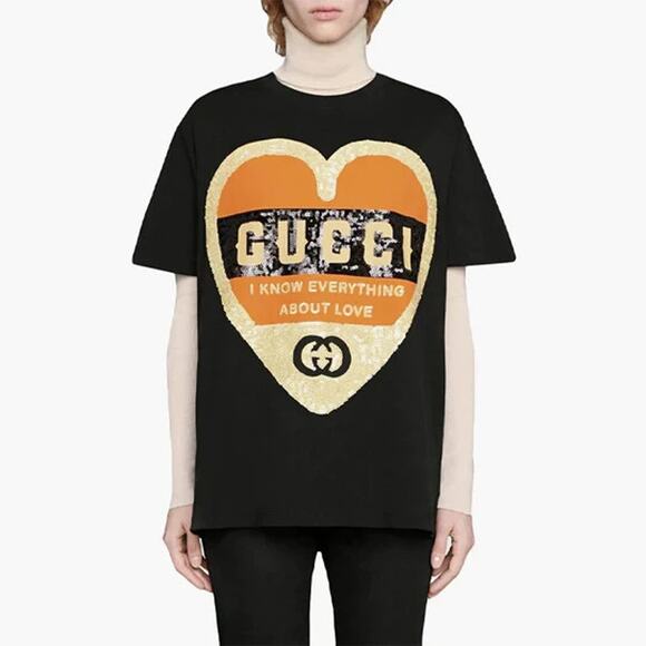 Gucci T Shirt Womens Medium Black Love Logo I Know Everything About Love Tee - Picture 1 of 14